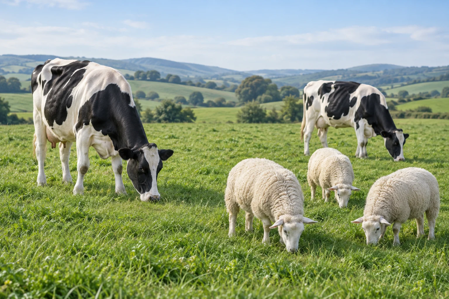 Illustrative scene of cattle and sheep in a pasture