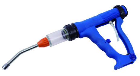 Blue-handled 10 ml veterinary drencher with a curved nozzle