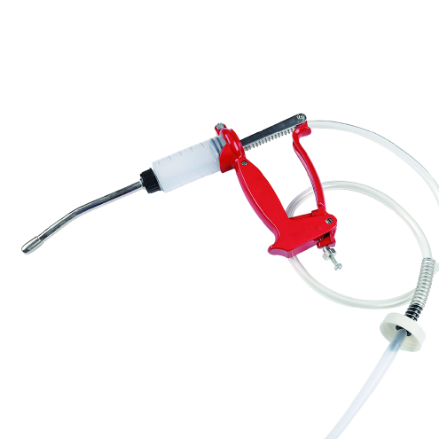 Red-handled livestock drencher with a curved nozzle and feed tubing