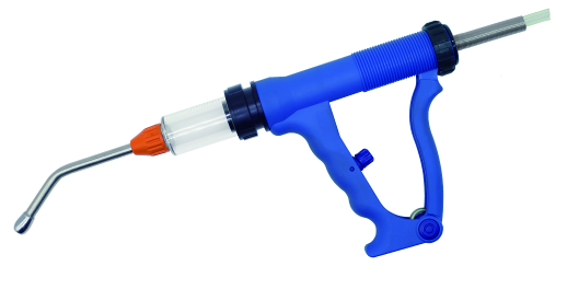 Blue-handled veterinary drencher with a curved nozzle and rear plunger rod