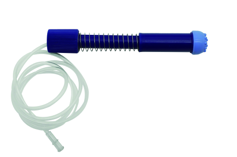 Silicone syringe tubing with a blue spring-loaded needle guard extension