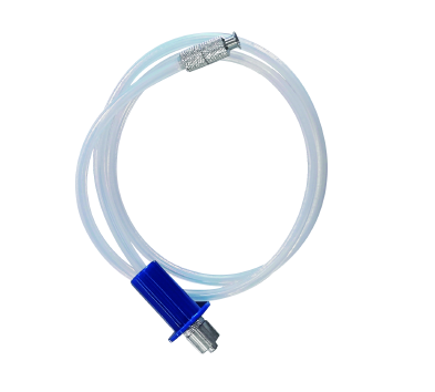 Coiled syringe extension tube with metal and blue end fittings
