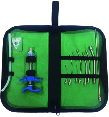 Bird feeding tools arranged in a green carrying case