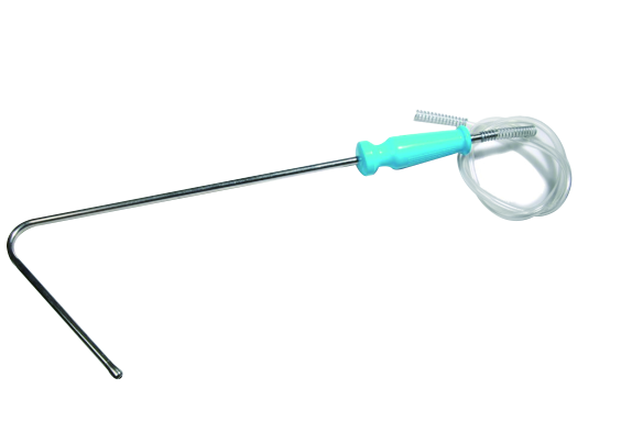 Long curved drench nozzle with a turquoise grip and coiled tubing