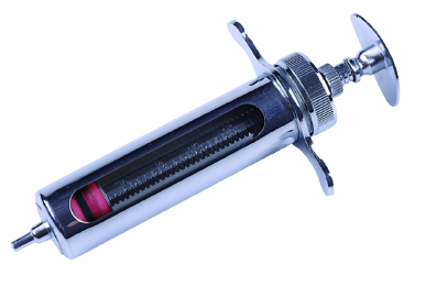 Chrome-plated metal veterinary syringe with a visible glass barrel