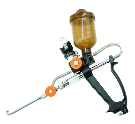Continuous veterinary injection and drenching device with a top-mounted reservoir