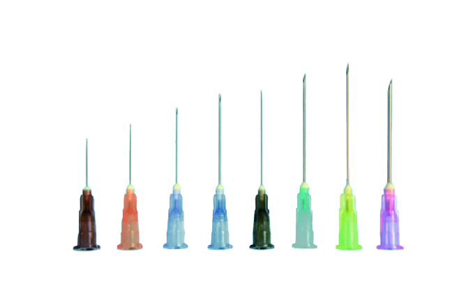 Disposable veterinary needles with different coloured hubs
