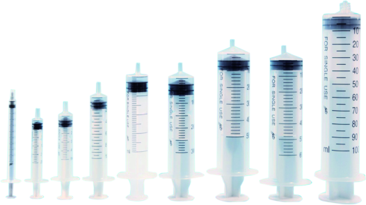 Disposable syringes in multiple capacities with printed graduations