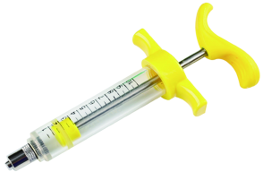 J-Type Plastic Veterinary Syringe with a transparent barrel