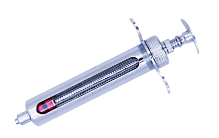 Chrome-plated veterinary syringe with a Luer-lock adaptor and glass barrel
