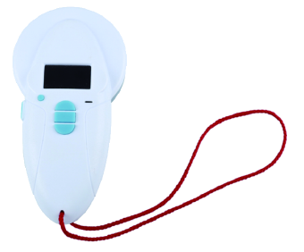 White handheld animal RFID reader with red wrist strap