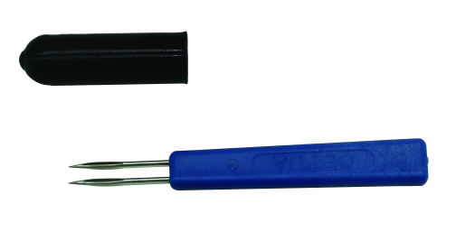 Blue-handled poultry pox needle with protective cap