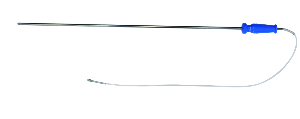 Veterinary injection extension bar with a blue handle and connecting tube