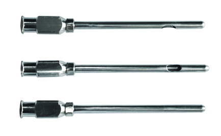 Three teat cannula configurations with metal hubs