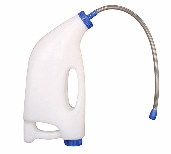 Calf drenching bottle with flexible tube and blue fittings