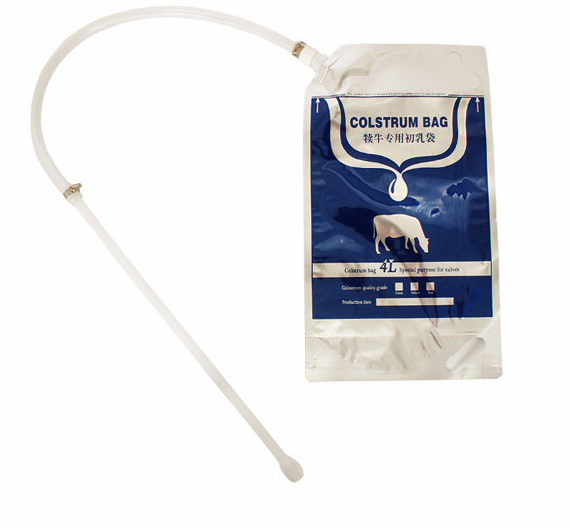 Four litre aluminium film colostrum bag with optional connecting tube