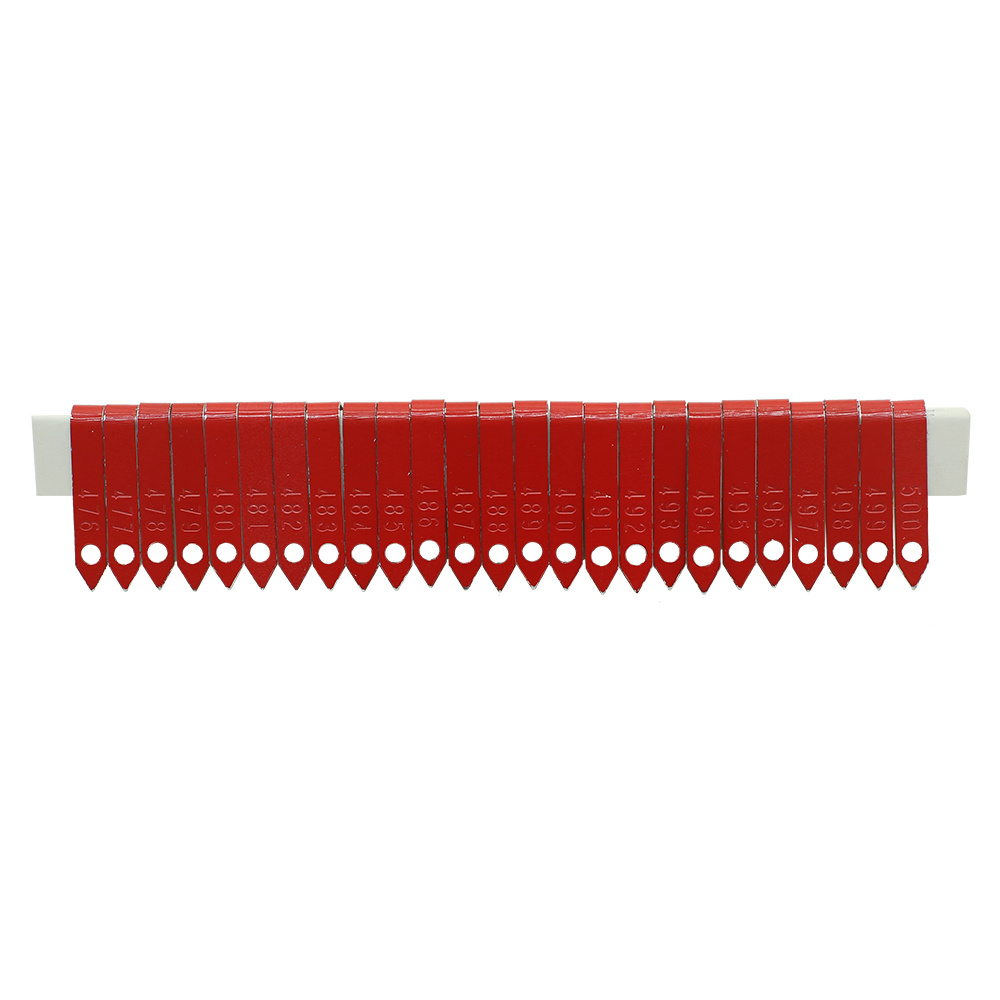 Red poultry wing bands on a strip